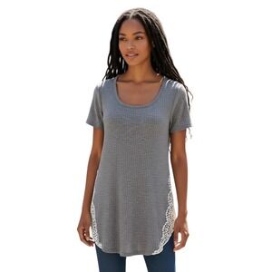 Almost Famous Ribbed Knit Tunic Top Women's Medium Gray Crochet Accent Casual